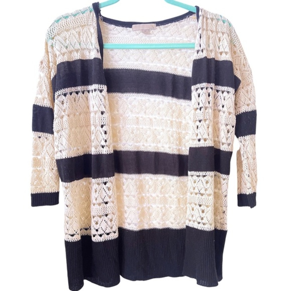 One A cottagecore open weave black & cream striped open cardigan 3/4 sleeves.